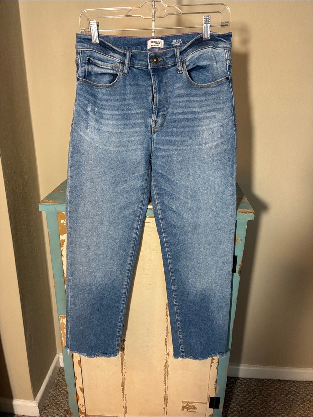 Kensie Medium Blue Cropped Raw Hem Straight Jeans